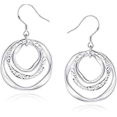 925 Sterling Silver Circle Dangle Earrings for Women, Silver Geometric Boho Dangle Drop Earrings Hypoallergenic Lightweight Handmade Tri-circle Round Bohemian Jewelry Gifts