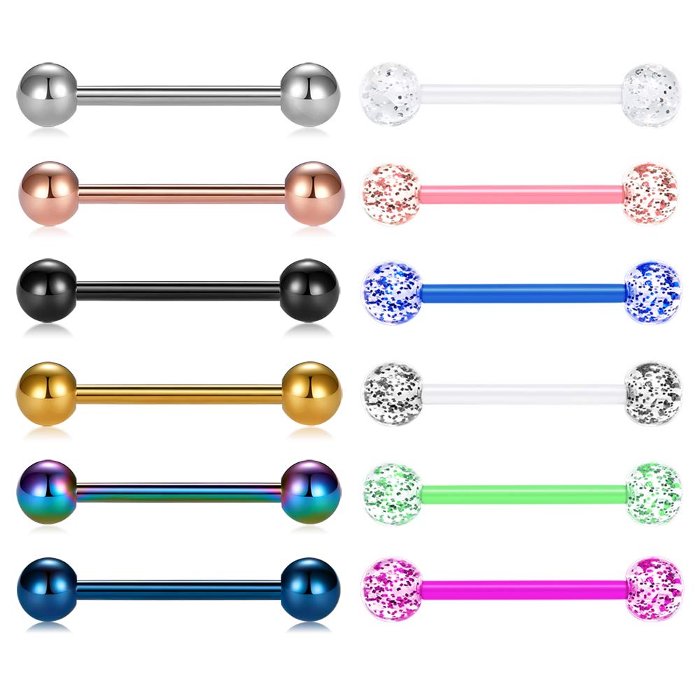 Briana Williams 12pcs Tongue Bars Set Stainless Steel Flexible 14G Nipple Rings 16mm Barbell Piercing