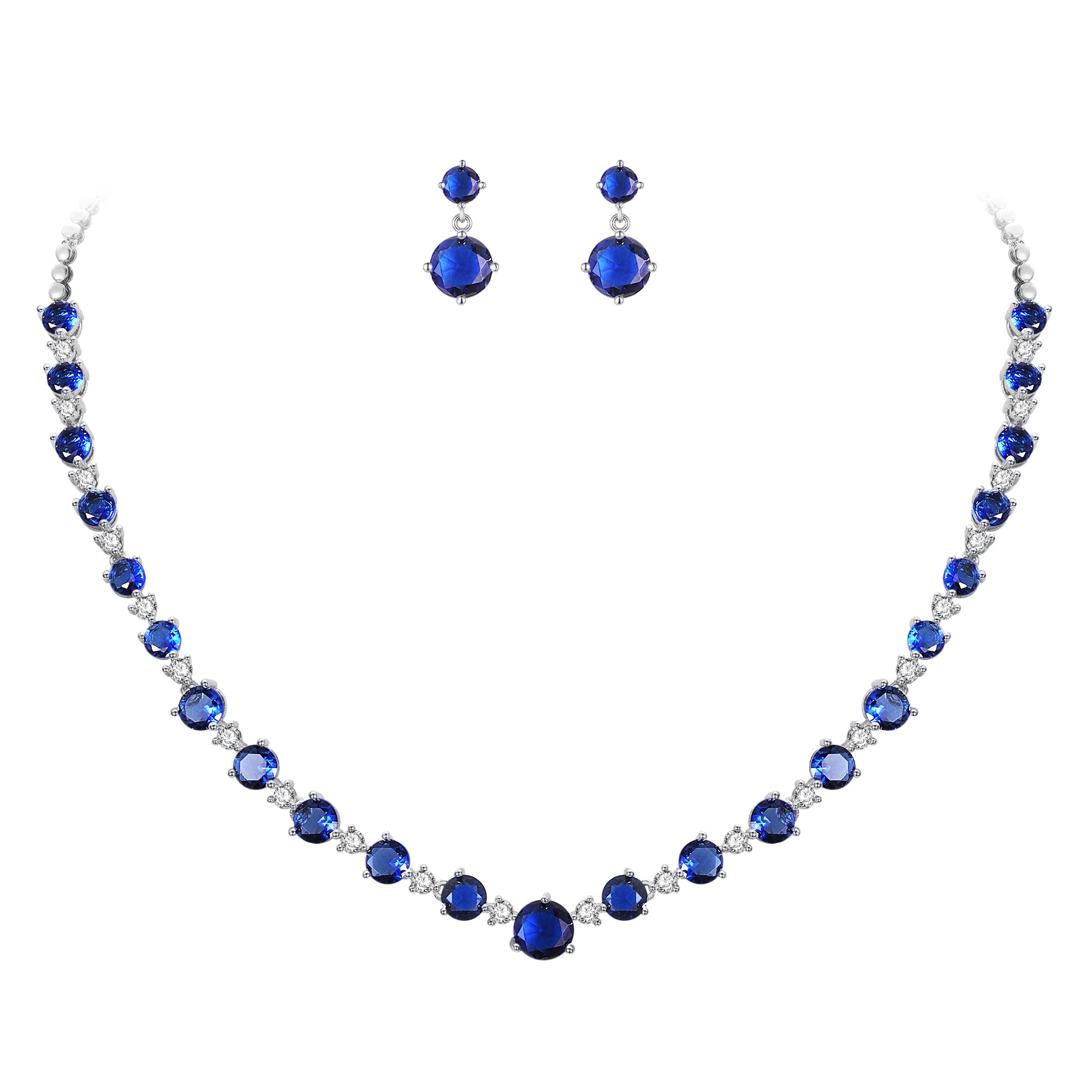 Ever Faith Women's Wedding Jewelry Round Full CZ Necklace Earrings Set Blue Silver-Tone