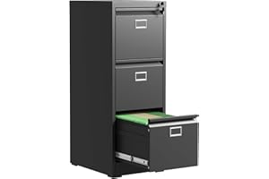 VIYET 3 Drawer File Cabinet, Metal Vertical File Cabinets with Lock for Home Office, Office Steel Filing Cabinet for Hanging Files for A4/ Legal/Letter,Assembly Required (Black)