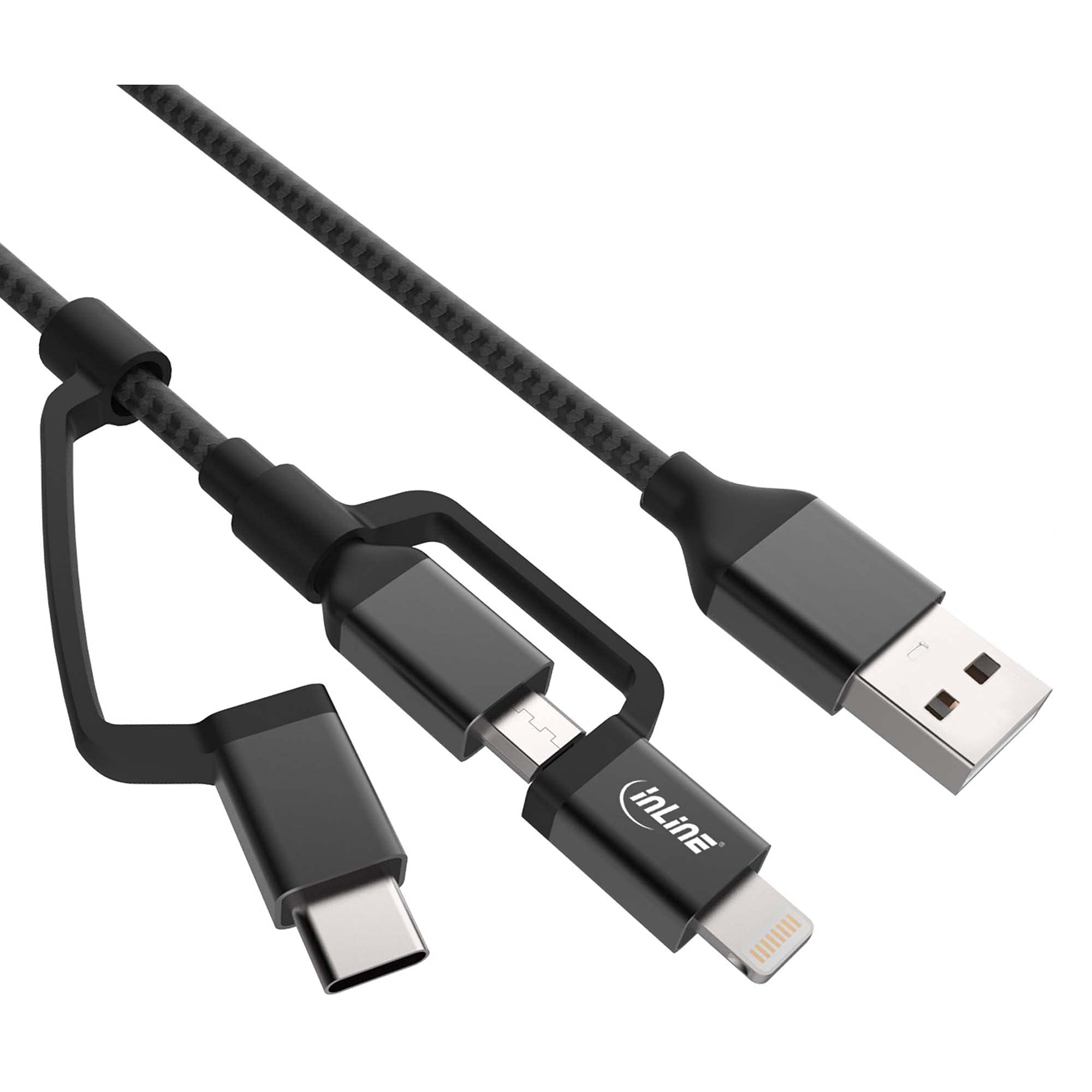 InLine 31415S 3-in-1 USB Cable, Micro USB, Lightning, USB Type-C, Black/Aluminium, 1.5 m