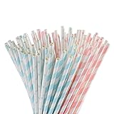 ALINK Light Pink Blue White Paper Straws Bulk, 100