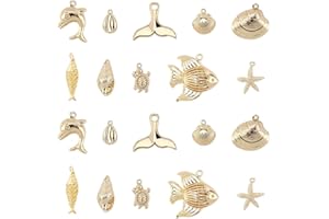 SUNNYCLUE 1 Box 20Pcs 10 Styles Real 18K Gold Plated Ocean Theme Charms Sea Animal Pendants Shell Starfish Dolphin Fish Tortoise Dangles Bulk for DIY Earring Necklace Bracelet Jewellery Making