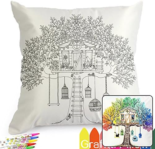 Fastness 18 Inch Square Treehouse Pattern Graffiti Coloring Pillowcases for Kids, with A Set of 12 Doodle Color Pens