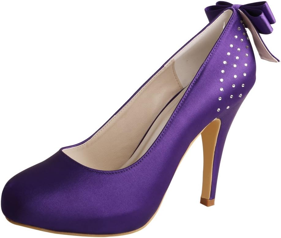 MW100 Women's Back Bows Closed Toe High Heel Satin Purple Bridal Wedding Shoes