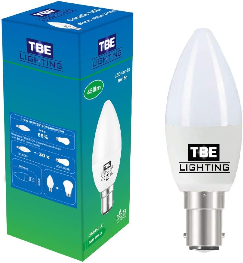 TBE Lighting Dimmable LED Candle Bulbs - Pack of 8 - B15 / SBC/Small Bayonet Cap - 5w - Warm White 2700K - 450 Lumens - Image 3