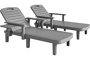 Outsunny Set of 2 Tanning Chair, 5 Positions Adjustable Outdoor Lounge Chair with Wood Texture Surface, Armrests, Foldable Si