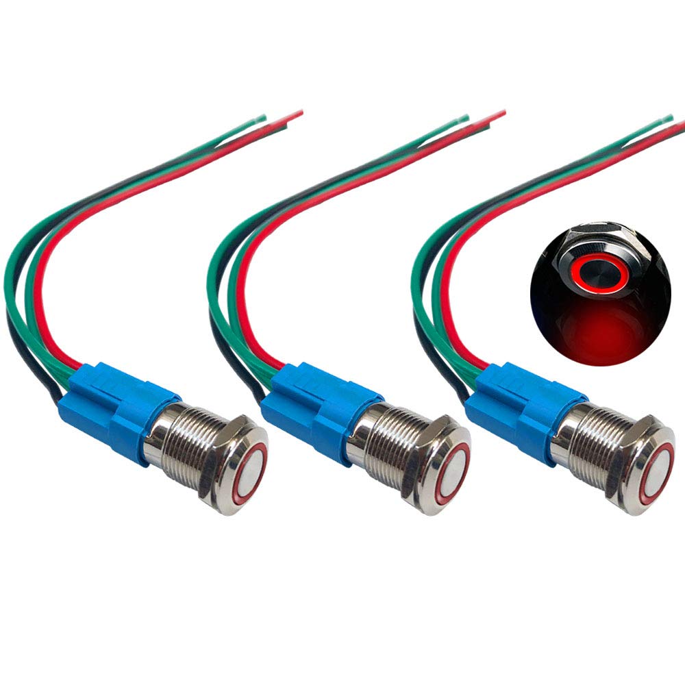 QitinDasen 3Pcs Premium 12mm Momentary Push Button Switch, 12V / 24V 3A Car Ignition Starter Switch, Red LED Light Stainless Steel IP66 Waterproof Switch with Socket Plug Wire