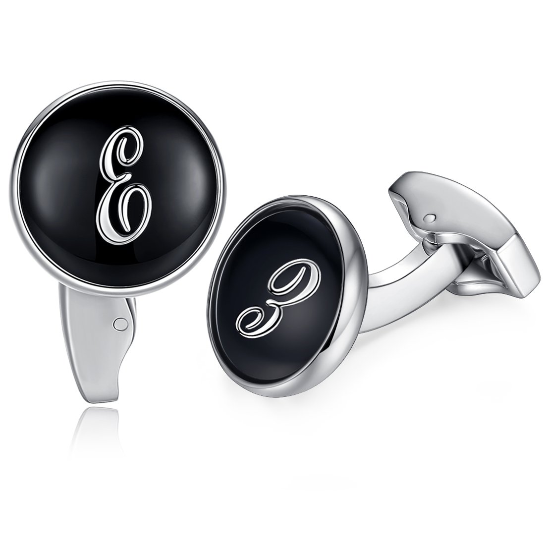 HONEY BEAR Initial Alphabet Letter Cufflinks for Men, Black Round Shape Wedding Business Gift A - Z (E)