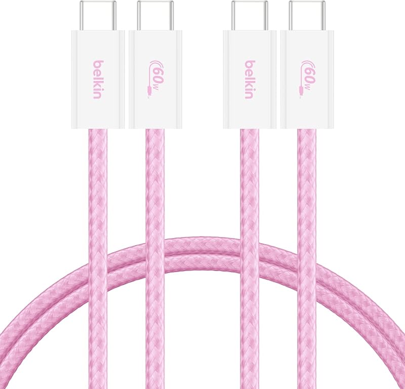 Paquete de 2 Cables Trenzados USB-C a USB-C de 1,5 m (60 W), Carga rápida,Cables de alimentación Suaves y Flexibles USB Tipo C para iPhone 17 y 16, Galaxy S25, Pixel 10, iPad Pro y Otros, Rosa