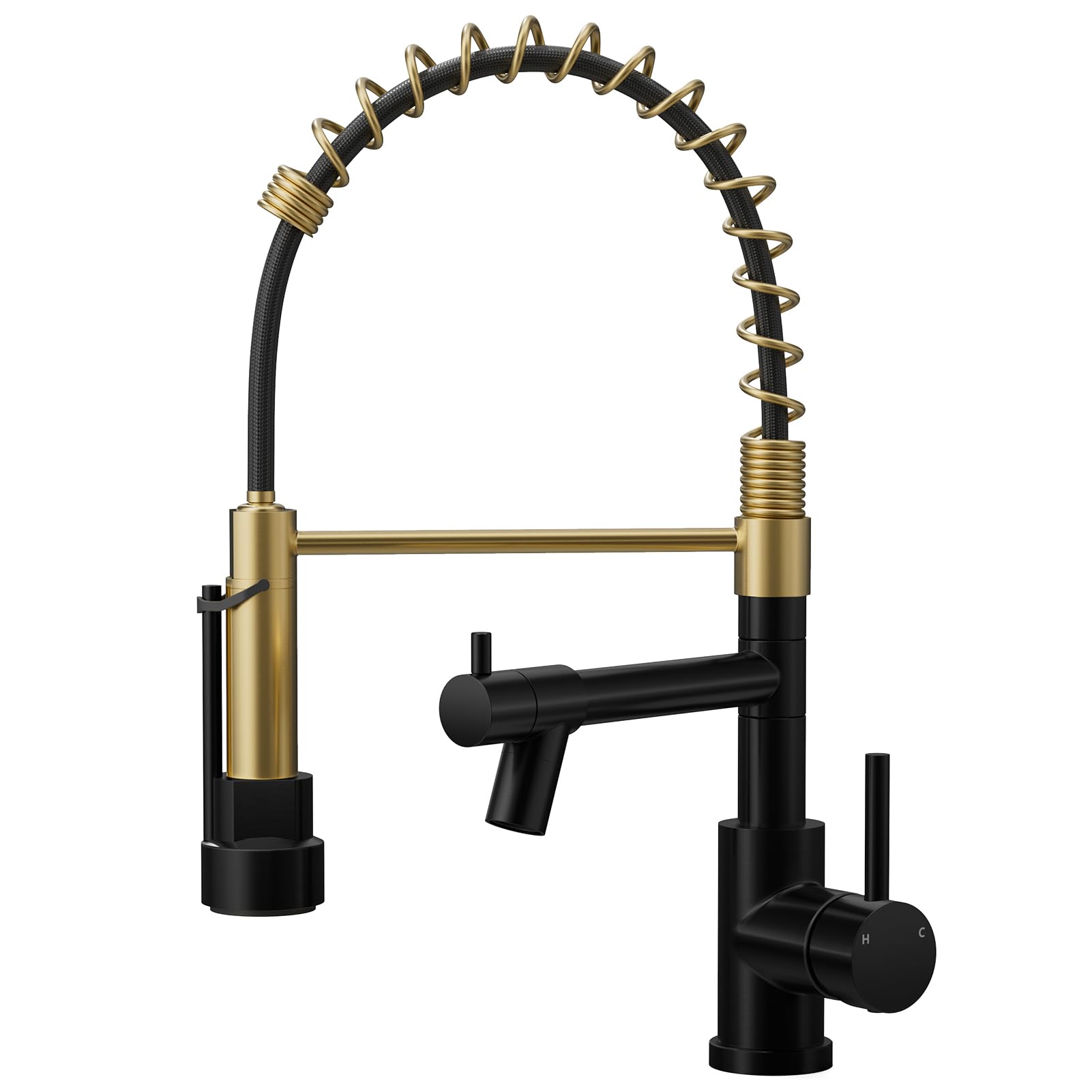 Warmiehomy Professional Kitchen Tap,High Arc Kitchen Taps with Pull Out Sprayer,360° Swivel Double Spouts Spring 1 Hole Sink Taps Mixer for Kitchen,Black&Gold