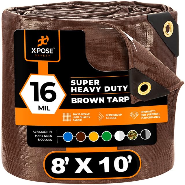 8' x 10' Super Heavy Duty 16 Mil Brown Poly Tarp Cover - Thick Waterproof, UV Resistant, Rip and Tear Proof Tarpaulin with Grommets and Reinforced Edges - by Xpose Safety — image 1