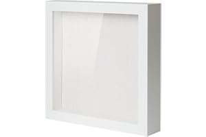 Muzilife 8x8 Shadow Box Picture Frame with Linen Board - Deep Wood & Glass Display Case Ready to Hang Memory Box Baby Sports Memorabilia, Pins, Awards, Medals, Wedding, Tickets and Photos (White)