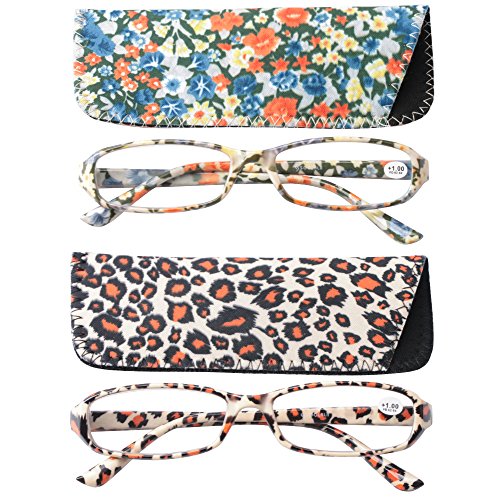 SOOLALA 4-Pair Fashionable Spring Hinge Rectangular Reading Glasses w/Matching Pouch