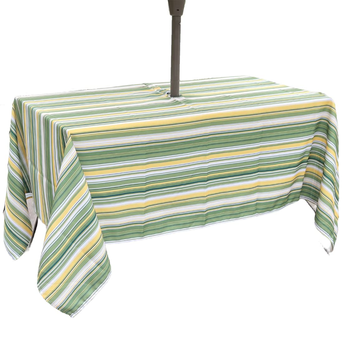 Eternal Beauty 132x178cm Recatngle Green & Yellow Stripe Indoor Outdoor Splashproof Tablecloth with Umbrella Hole and Zipper for Patio Garden Party and BBQ (52x70 Inch)