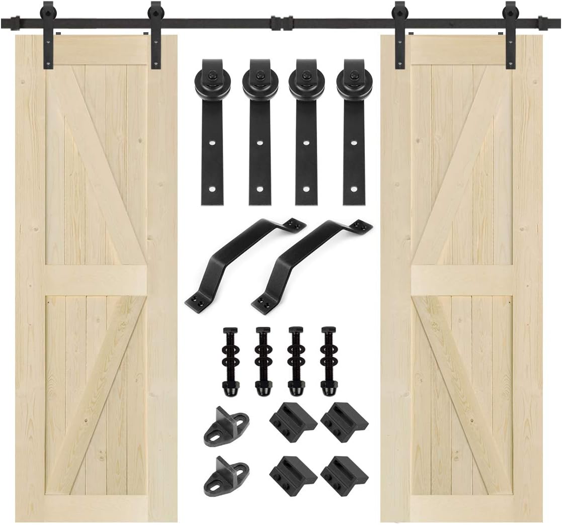 S&Z TOPHAND 24 in. x 84 in. Double Unfinished British Brace Knotty Barn Door with 8FT Sliding Door Hardware Kit/Solid Wood/Sliding Door/Double Surfaces (24x2, Door+J Shape)