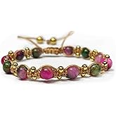 Handmade Pink Jade Macrame Bracelet, Adjustable with Gold Beads