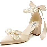 Block Heel Wedding Shoes for Bride Satin Pearl Bridal Heels Closed Toe Wedding Heels