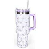 Whaline 40oz Purple Bow Tumbler with Handle Straw and Lid Bow-Knot Travel Coffee Tumbler Cup for Women Friend Holiday Birthday