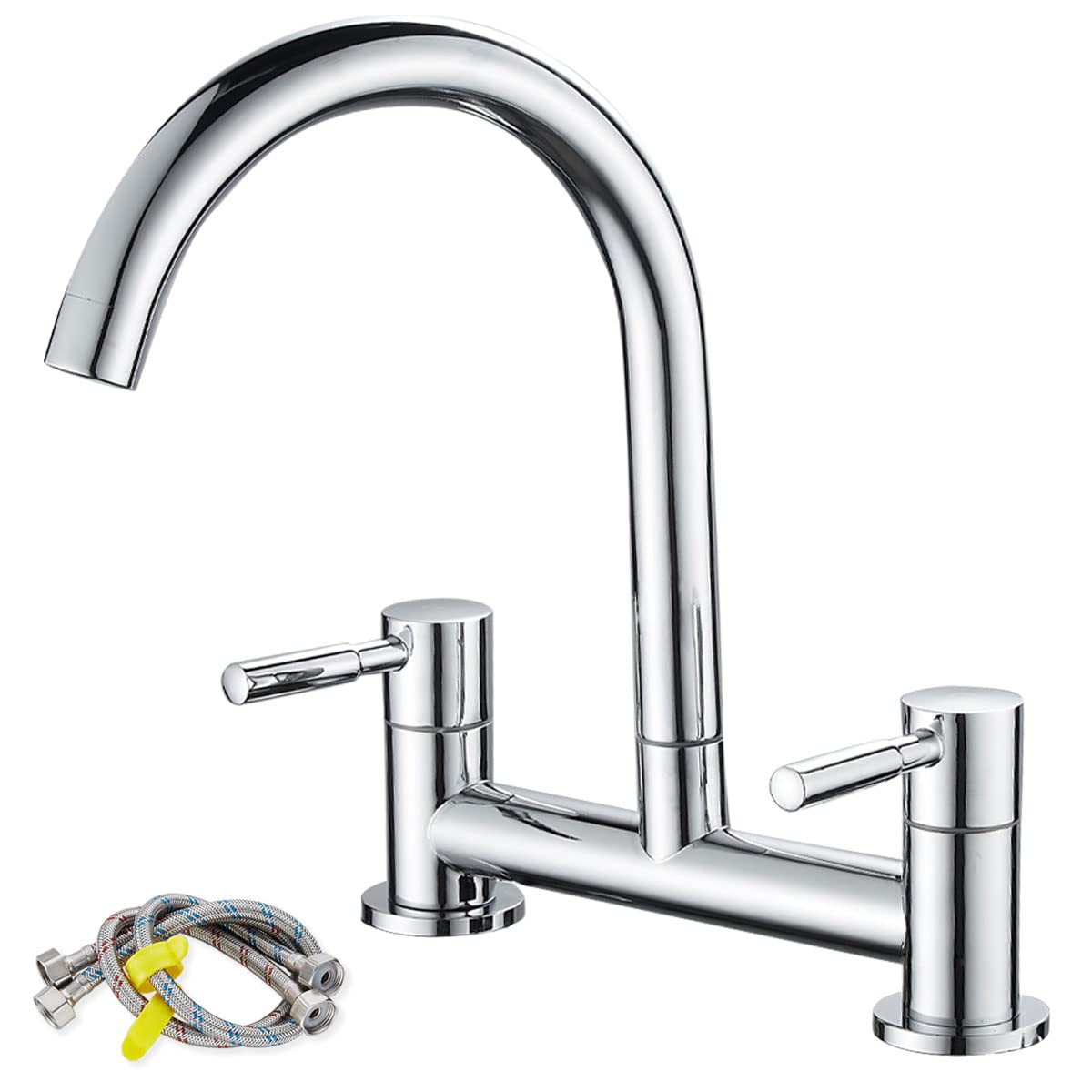 Ankoory Bridge Kitchen Sink Mixer Tap, 2 Hole Kitchen Bridge Mixer, 180mm Centers Deck Mounted Faucet with G1/2 Hoses, UK Standard Fittings, Dual Lever 1/4 Turn, 360° Swivel Spout, Brass, Chrome