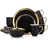 Stone Lain Florian Modern Porcelain 16 Piece Dinnerware Set, Plates and Bowls Set, Dish set for 4, Black And Golden Rim