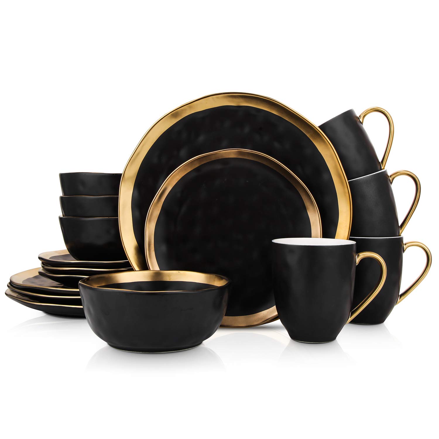 Stone Lain Florian Modern Porcelain 16 Piece Dinnerware Set, Plates and Bowls Set, Dish set for 4, Black And Golden Rim