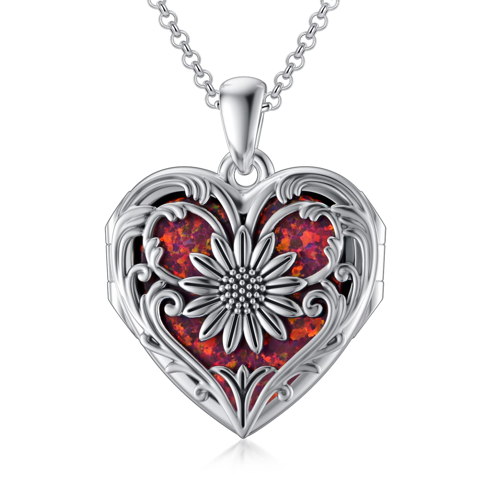 SOULMEET Red Opal Sunflower Heart Locket Necklace That Holds 5 Pictures, You Are My Sunshine Expandable Family Members Locket (Locket only)