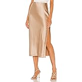 BOMAROLAN Women's Satin Midi Skirt High Waist Solid Silky Skirts for Women Elasticized Waistband A-Line Slit Midi Skirts