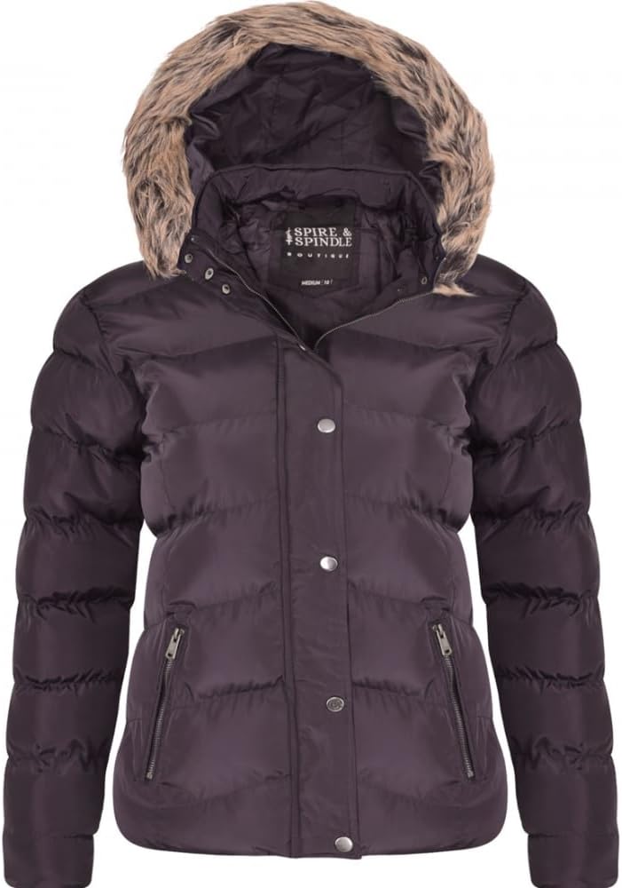 Spindle Women's Designer Hooded Short Parka Jacket Quilted Padded Coat Zip Pockets Womens