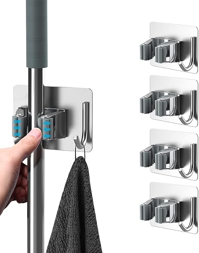 homeasy Mop Broom Holder 4 Pcs Stainless Steel Self Adhesive Wall Mounted Silver