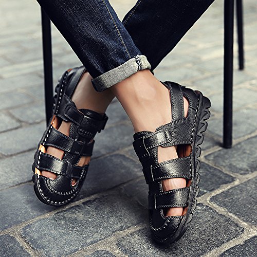 JIONS Closed Toe Leather Fisherman Sandals For Men, Men's Casual Outdoor Adjustable Strap Summer Shoes Black US 6.5/EU 38