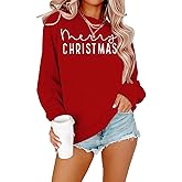 ECYJIO Christmas Sweatshirts For Women Xmas Sweater Merry Christmas Letter Printed Sweatshirt Holiday Long Sleeve Tops