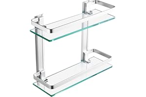 KES Bathroom Shelf 2-Tier, 8MM Tempered Glass Shelf Silver Sand Sprayed Bathroom Shelves Wall Mount Storage Basket, A4126B-UP