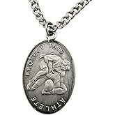 WJH Silver Tone Patron of Sports Saint Sebastian Wrestling Athlete Medal necklaces, 1 Inch