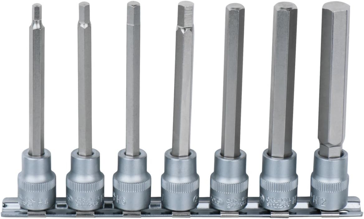 KS Tools 922.3897 7 Hexagonal Socket Spanner Bits Long Rail 3/8-12 mm Set of 4, Satin Chrome, Variety pack