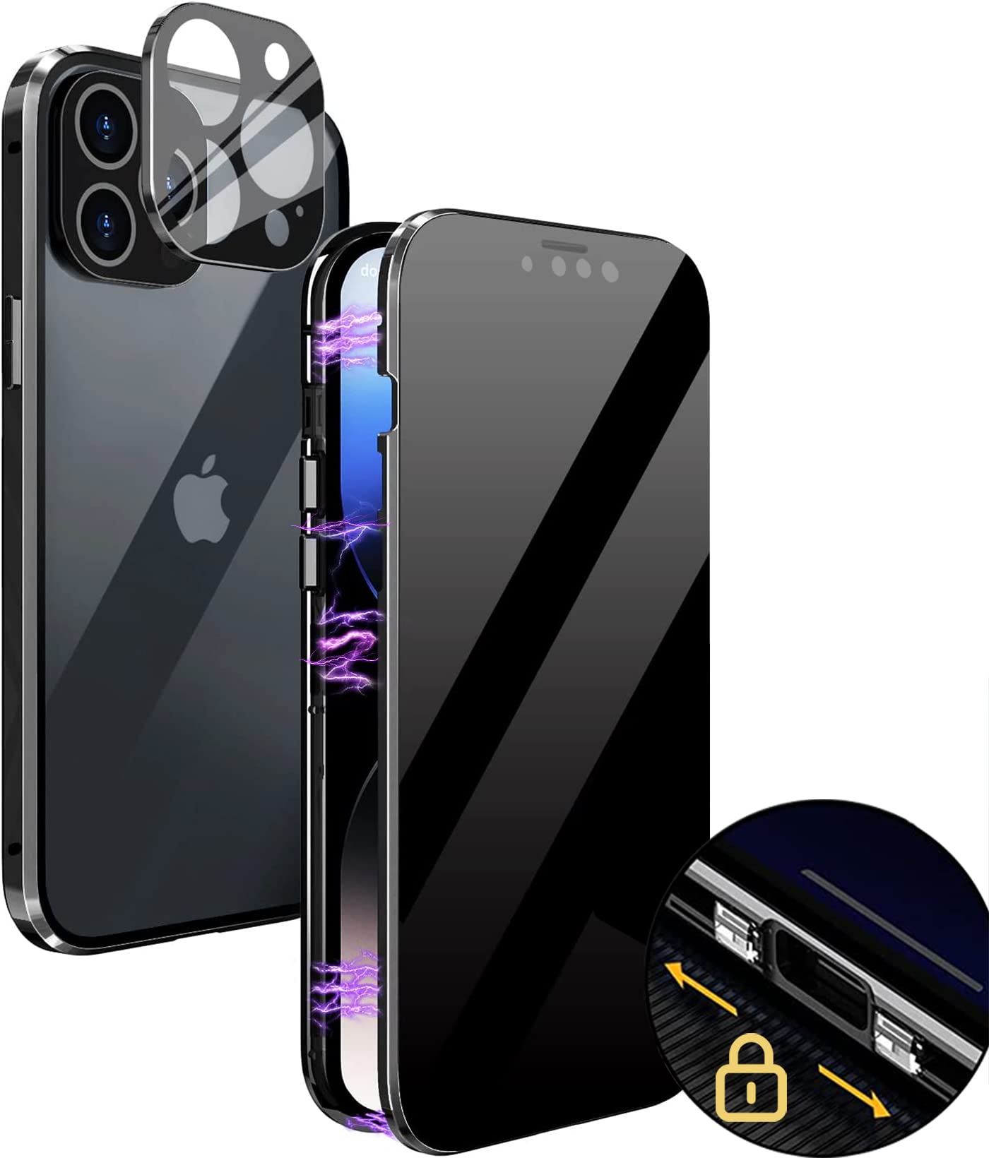 MIMGOAL Anti-Peep Case for iPhone 14 Pro Max Magnetic Cover,Privacy Tempered Glass Full Cover Built-in Camera Protector,360 Degree Front and Back Protection Metal Bumper Case, Black