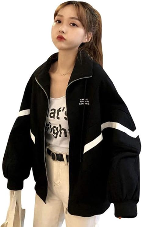 Amazon Mengfanレディース スウェット パーカー 秋 ゆったり トップス パーカー コート 羽織 レディース パーカー カジュアル おしゃれ トレーナー Bf風 原宿風 ブルゾンブラック トレーナー パーカー 通販