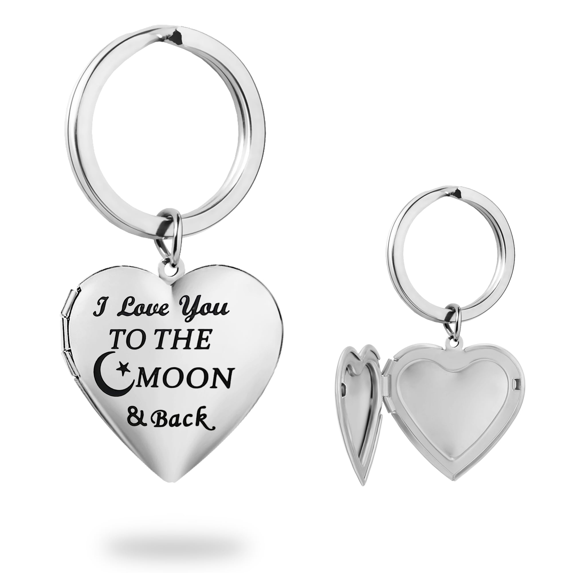 PHOCKSIN Silver Heart Locket Keyring for Pictures Photo Lockets Key Ring Engraved I Love You to the Moon and Back Birthday Gifts for Women Girls