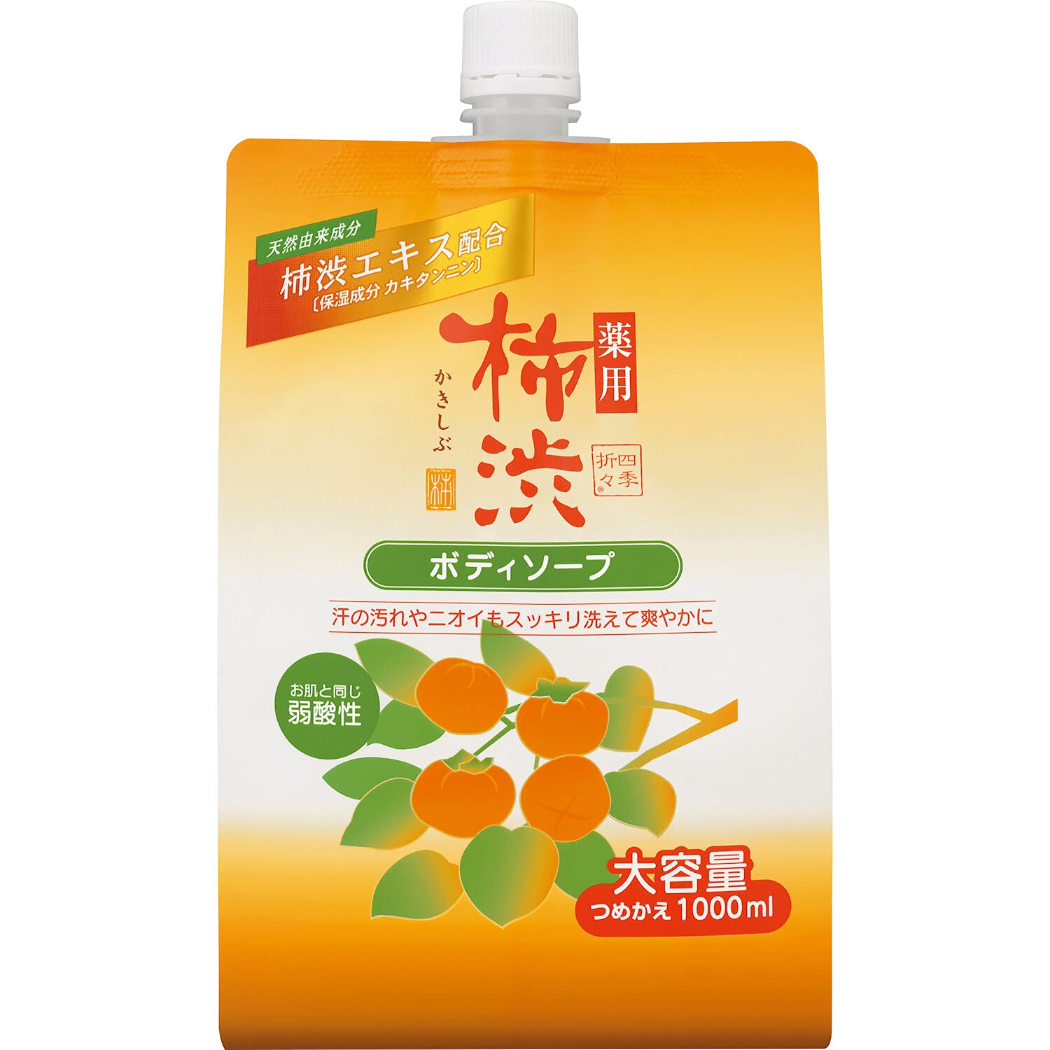 Japanese Shower Gel with Persimmon Tannin and Hyaluronic Acid, Moisturising and Antibacterial, Low Acid, Removes Unpleasant Body Odours, Eco Refill 1000 ml, Made in Japan