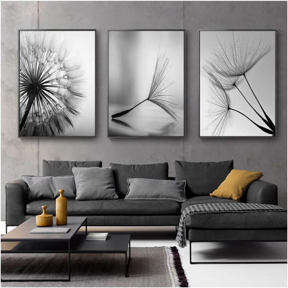LIPENGYU Print on Canvas Dandelion Flower Canvas Painting Modern Black White Art Print Picture Home Decor Living Room Abstract Wall Poster 60x80cmx3pcs No Frame
