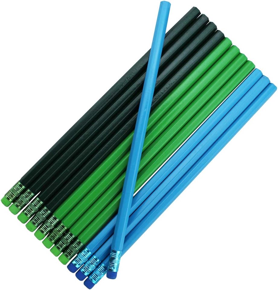 ezpencils Blank Pencils Bulk โ Hexagon Pencils โ Tricolor Blue-Greens Barrel and Eraser โ Package of 10 - Non-Personalized - 2HB Black Lead - School - Office - Blanks - Non-smear eraser