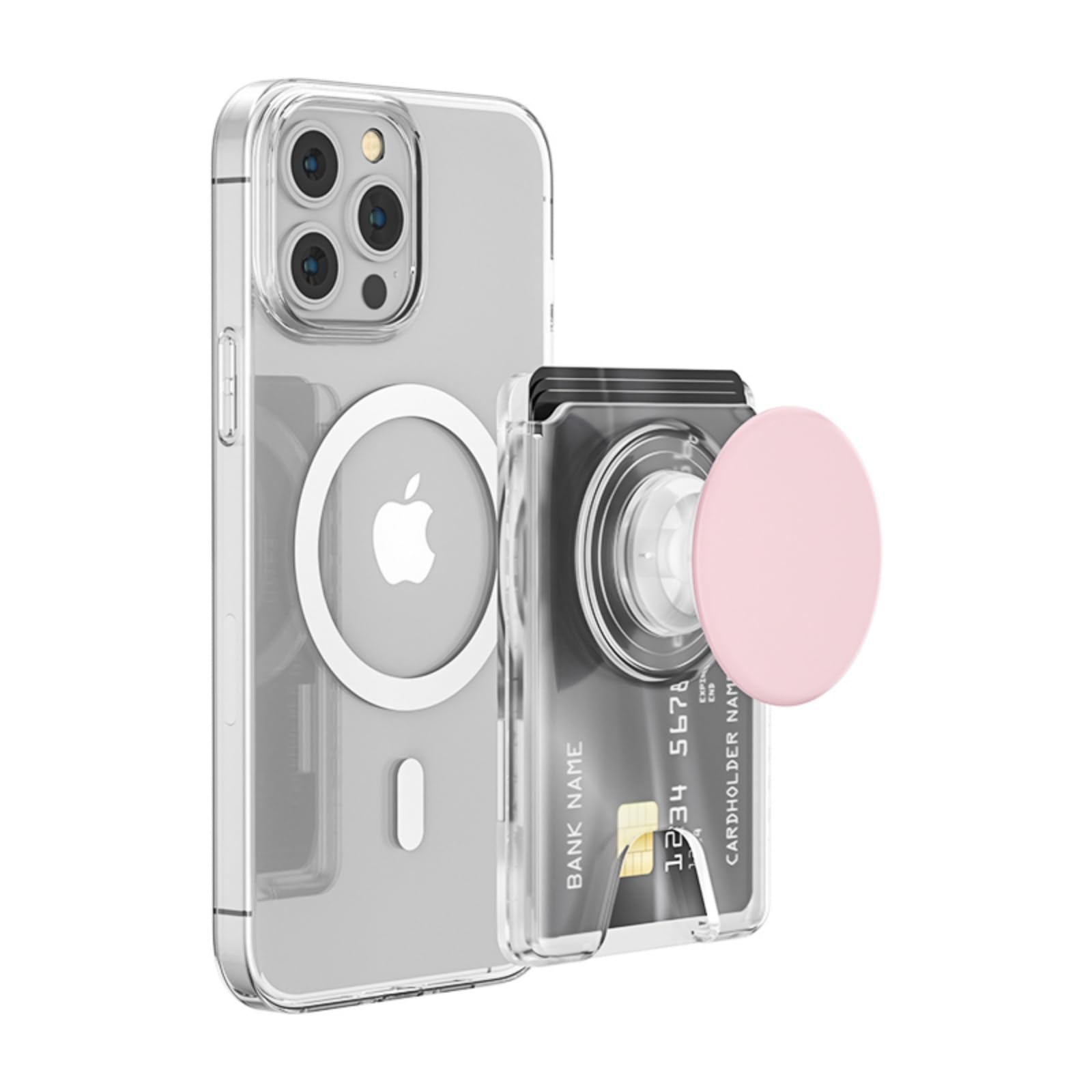 Photo 1 of AUROX for MagSafe Wallet Stand, Magnetic Wallet Stand, for Magsafe Phone Grip Card Holder, Magnetic Card Wallet Holder with Collapsible Grip, for iPhone 16 15 14 13 12 Series, Fit 3 Cards, Clear&Pink