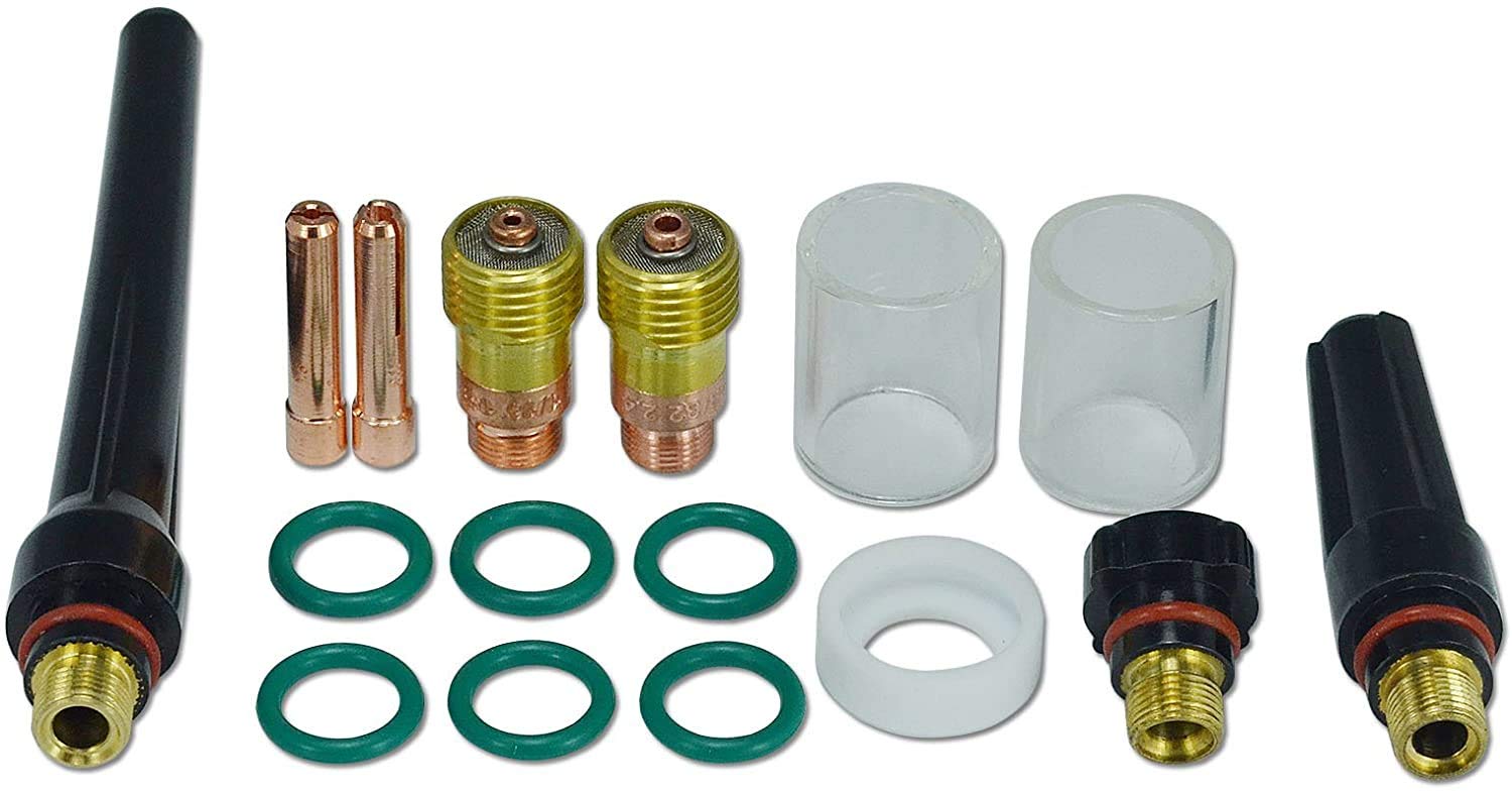 RIVERWELD TIG Stubby Gas Lens Collet Bodies 17GL116 10N23S 1.6mm 17GL332 10N24S 2.4mm Quartz Nozzle Clear Glass Cups #10 16mm Cup Gasket 17GLG20 for SR WP 17 18 26 TIG Welding Torch 16pcs