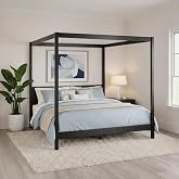 Solid Pine Canopy Bed Frame, King &mdash; Matte Black Painted Finish | No box spring needed &bull; FSC-certified pine &bull; Supports up to 560 lbs &bull; Slatted Headboard, No Box Spring Needed