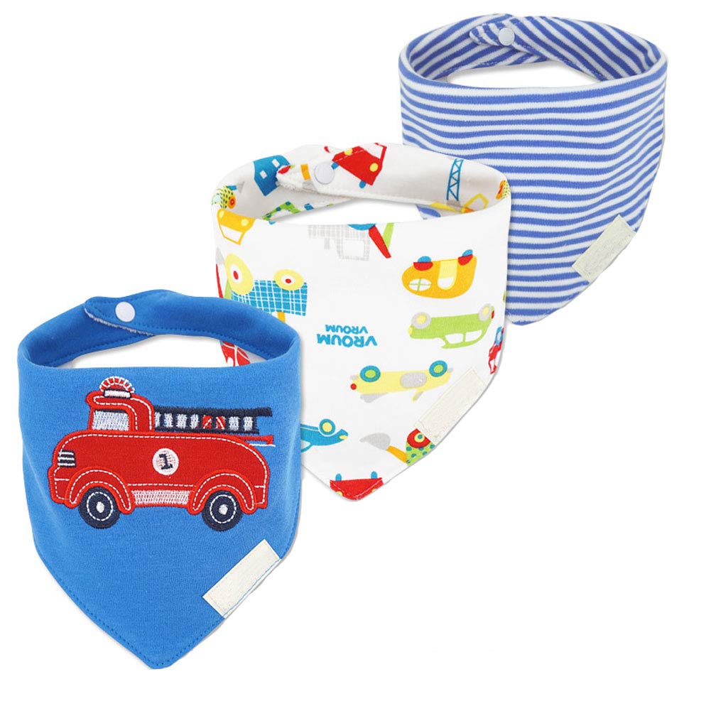 JZLPIN Baby Dribble Bib, Toddler Bandana Bib 3 Packs Super Absorbent Cotton Feeding Bibs 54-Fire Truck
