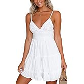 ebossy Women's Sexy Boho V Neck Sleeveless Backless Lace Swing Mini Dress Spaghetti Straps Beach Vacation Sundress
