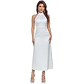 SITELUOYG Women's Elegant Mock Halter Neck Party Dress Sleeveless Satin Silk Cocktail Evening Maxi Dresses
