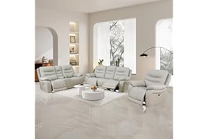 GEBADOL Power Recliner Sofa Set, Genuine Leather Reclining Couch Set, 3 Pieces Top Grain Leather Sofa with Built in Storage Console/USB Port/Cup Holders for Living Room (Light Grey)