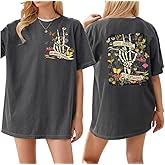 Bealatt Skeleton Flowers Oversized Tshirts for Women Oversized Good Energy Graphic Tees Loose Fit Shirts Dark Grey,XXL