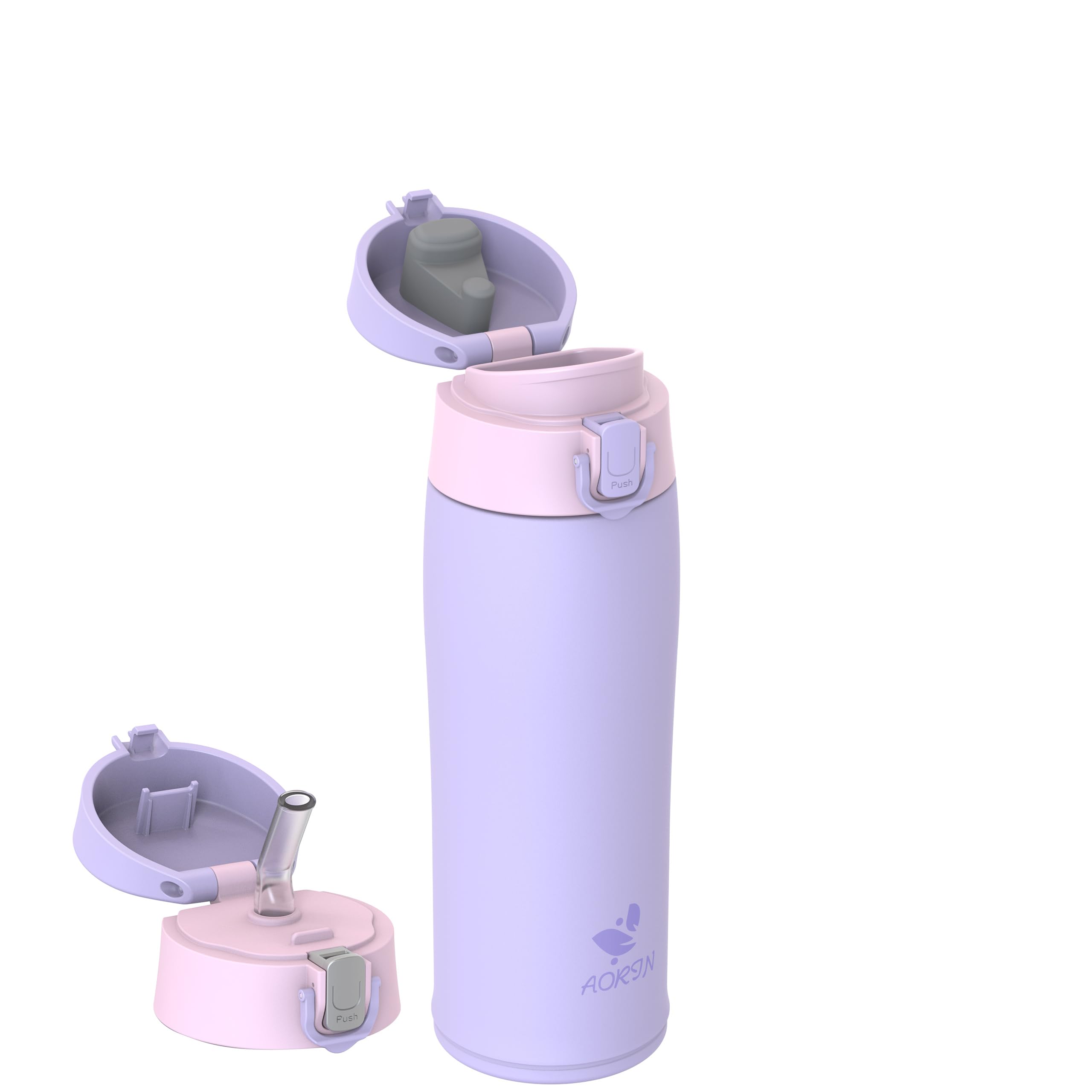 AORIN 18/8 Stainless Steel Water Bottle with 2 Lids, 500ml, Vacuum Insulated Metal Bottle, Leakproof Drinks Bottle, BPA Free, Hot & Cold Compatible, Portable Flask for Gym, Sport, Daily